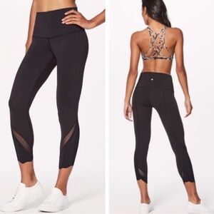 Lululemon Black High Waisted Capri Leggings Scalloped Hems and Sheer Panel Sz 6